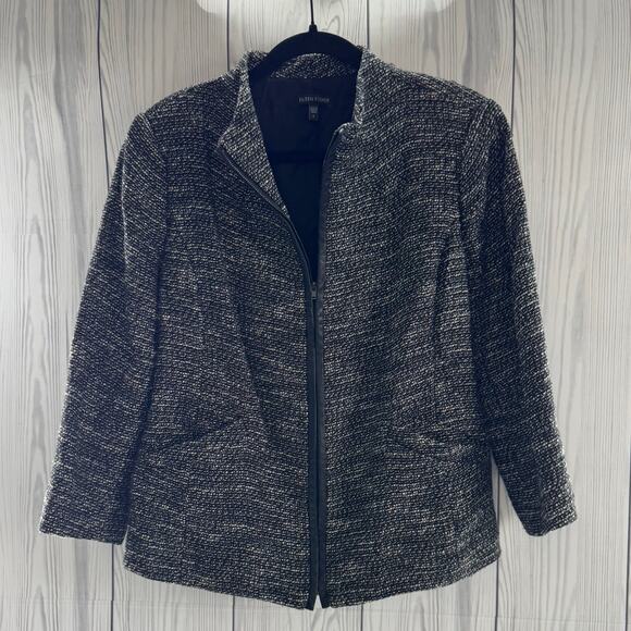 Eileen Fisher Large Black & White Tweed Zippered Front Jacket Faux Pockets - Picture 1 of 8